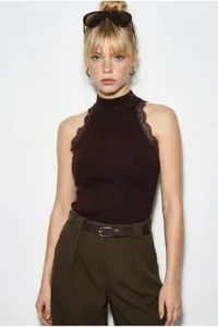 Bianco Lucci Women's Ribbed Lace Detailed Barbell Neck Blouse 1082 - Image 3