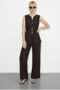 Bianco Lucci Women's Top and Bottom Set with Belt Detailed Vest and Palazzo Trousers 9396