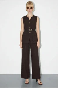 Bianco Lucci Women's Top and Bottom Set with Belt Detailed Vest and Palazzo Trousers 9396 - Image 2
