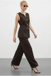 Bianco Lucci Women's Top and Bottom Set with Belt Detailed Vest and Palazzo Trousers 9396 - Image 3