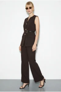 Bianco Lucci Women's Top and Bottom Set with Belt Detailed Vest and Palazzo Trousers 9396 - Image 4