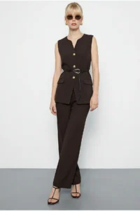 Bianco Lucci Women's Top and Bottom Set with Belt Detailed Vest and Palazzo Trousers 9396 - Image 5