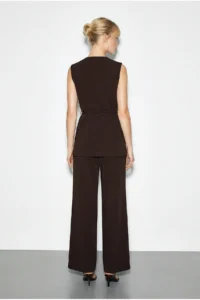 Bianco Lucci Women's Top and Bottom Set with Belt Detailed Vest and Palazzo Trousers 9396 - Image 7