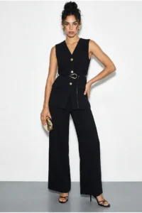 Bianco Lucci Women's Top and Bottom Set with Belt Detailed Vest and Palazzo Trousers 9396