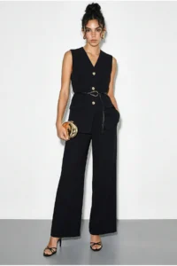 Bianco Lucci Women's Top and Bottom Set with Belt Detailed Vest and Palazzo Trousers 9396 - Image 2