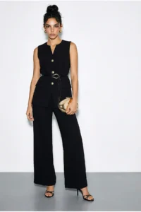 Bianco Lucci Women's Top and Bottom Set with Belt Detailed Vest and Palazzo Trousers 9396 - Image 3