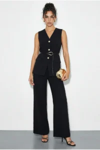 Bianco Lucci Women's Top and Bottom Set with Belt Detailed Vest and Palazzo Trousers 9396 - Image 4