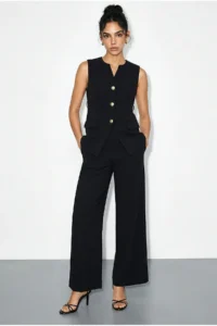 Bianco Lucci Women's Top and Bottom Set with Belt Detailed Vest and Palazzo Trousers 9396 - Image 5