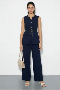 Bianco Lucci Women's Top and Bottom Set with Belt Detailed Vest and Palazzo Trousers 9396