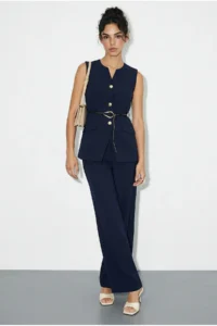 Bianco Lucci Women's Top and Bottom Set with Belt Detailed Vest and Palazzo Trousers 9396 - Image 4