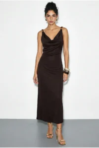 Bianco Lucci Women's Accessory Detailed Strapless Back Tied Satin Long Dress 0994 - Image 3