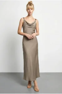 Bianco Lucci Women's Accessory Detailed Strapless Back Tied Satin Long Dress 0994