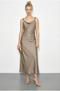 Bianco Lucci Women's Accessory Detailed Strapless Back Tied Satin Long Dress 0994 - Image 2