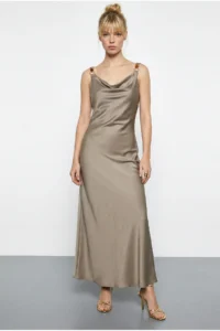 Bianco Lucci Women's Accessory Detailed Strapless Back Tied Satin Long Dress 0994 - Image 3