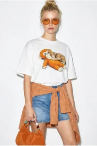 Bianco Lucci Women's 100% Cotton Crew Neck Monkey Punch Printed Oversize T-Shirt ÖT261036