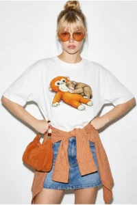 Bianco Lucci Women's 100% Cotton Crew Neck Monkey Punch Printed Oversize T-Shirt ÖT261036 - Image 2