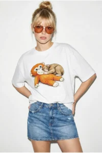 Bianco Lucci Women's 100% Cotton Crew Neck Monkey Punch Printed Oversize T-Shirt ÖT261036 - Image 3