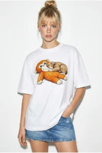 Bianco Lucci Women's 100% Cotton Crew Neck Monkey Punch Printed Oversize T-Shirt ÖT261036 - Image 4