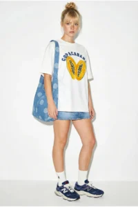 Bianco Lucci Women's 100% Cotton Crew Neck Papaya Printed Oversize T-Shirt ÖT261006 - Image 2