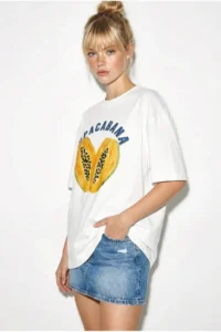 Bianco Lucci Women's 100% Cotton Crew Neck Papaya Printed Oversize T-Shirt ÖT261006 - Image 3