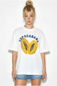 Bianco Lucci Women's 100% Cotton Crew Neck Papaya Printed Oversize T-Shirt ÖT261006 - Image 4