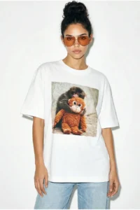 Bianco Lucci Women's 100% Cotton Crew Neck Monkey Punch Printed Oversize T-Shirt ÖT261035 - Image 2