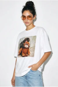 Bianco Lucci Women's 100% Cotton Crew Neck Monkey Punch Printed Oversize T-Shirt ÖT261035 - Image 3