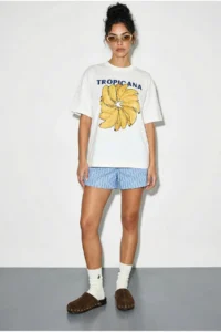 Bianco Lucci Women's 100% Cotton Crew Neck Tropicana Banana Printed Oversize T-Shirt ÖT261005 - Image 2