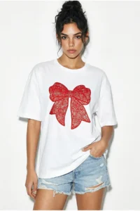Bianco Lucci Women's 100% Cotton Crew Neck Velvet Bow Printed Oversize T-Shirt ÖT261034