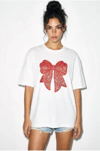 Bianco Lucci Women's 100% Cotton Crew Neck Velvet Bow Printed Oversize T-Shirt ÖT261034 - Image 4