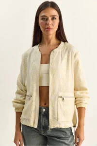 Bianco Lucci Women's Embossed Floral Embroidered Lined Zippered Seasonal Chiffon Jacket 2920
