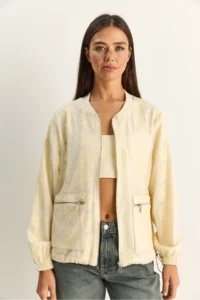 Bianco Lucci Women's Embossed Floral Embroidered Lined Zippered Seasonal Chiffon Jacket 2920 - Image 2
