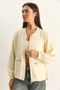 Bianco Lucci Women's Embossed Floral Embroidered Lined Zippered Seasonal Chiffon Jacket 2920 - Image 3