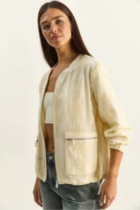 Bianco Lucci Women's Embossed Floral Embroidered Lined Zippered Seasonal Chiffon Jacket 2920 - Image 6