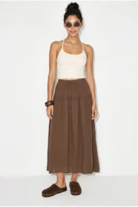 Bianco Lucci Women's Elastic Waist Lace-Up Muslin Midi Skirt YE4473
