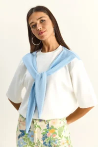 Bianco Lucci Women's Shawl Detailed Oversize Basic T-Shirt 1094