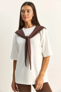 Bianco Lucci Women's Shawl Detailed Oversize Basic T-Shirt 1094