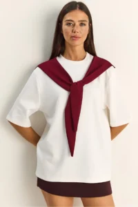 Bianco Lucci Women's Shawl Detailed Oversize Basic T-Shirt 1094