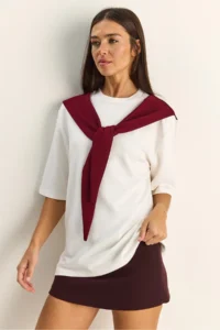 Bianco Lucci Women's Shawl Detailed Oversize Basic T-Shirt 1094 - Image 3