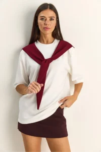 Bianco Lucci Women's Shawl Detailed Oversize Basic T-Shirt 1094 - Image 4