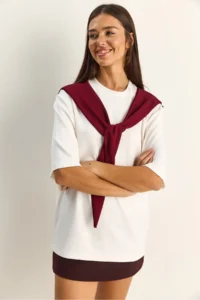Bianco Lucci Women's Shawl Detailed Oversize Basic T-Shirt 1094 - Image 5
