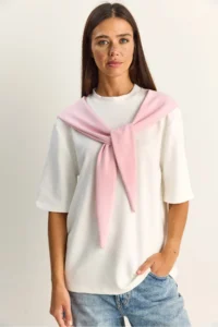 Bianco Lucci Women's Shawl Detailed Oversize Basic T-Shirt 1094 - Image 2