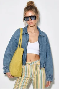 Bianco Lucci Women's Zippered Belt Detailed Oversize Denim Jacket 3667 - Image 2