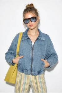 Bianco Lucci Women's Zippered Belt Detailed Oversize Denim Jacket 3667 - Image 3