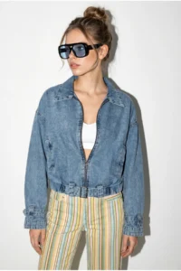 Bianco Lucci Women's Zippered Belt Detailed Oversize Denim Jacket 3667 - Image 5