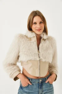 Bianco Lucci Women's Leather Garni Detailed Crop Faux Fur Jacket 2622 - Image 2