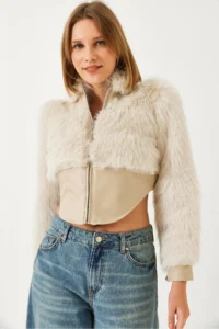 Bianco Lucci Women's Leather Garni Detailed Crop Faux Fur Jacket 2622 - Image 3