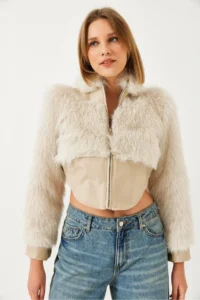 Bianco Lucci Women's Leather Garni Detailed Crop Faux Fur Jacket 2622 - Image 4