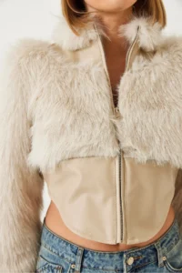 Bianco Lucci Women's Leather Garni Detailed Crop Faux Fur Jacket 2622 - Image 5