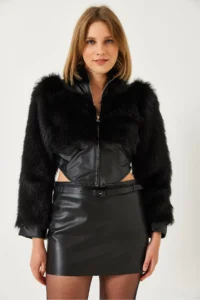Bianco Lucci Women's Leather Garni Detailed Crop Faux Fur Jacket 2622 - Image 2